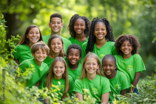 Group of Joyful Children Smiling Together Outdoors in Vibrant Green T-Shirts Surrounded by Nature
