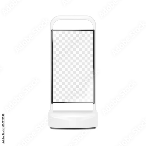 Vertical advertising poster display stand. Empty transparent LCD screen. Realistic 3d vector mockup. LED billboard sign TV video panel. Mock-up. Self-service kiosk. Template for design