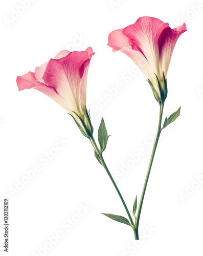 Pink morning glory flowers with green leaves on transparent background