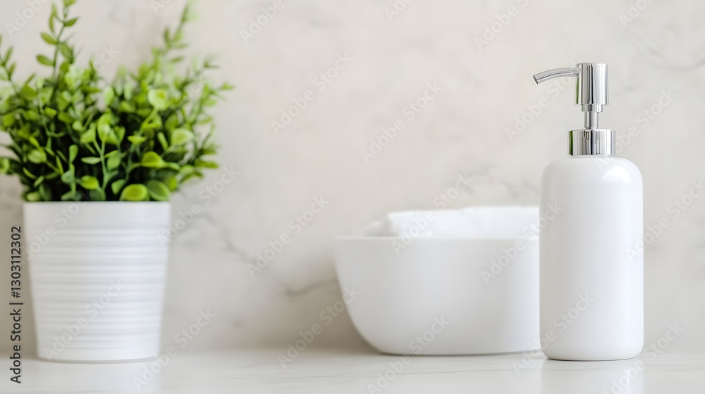 Fototapeta premium Modern Minimalist Bathroom with Hygiene Essentials and Greenery