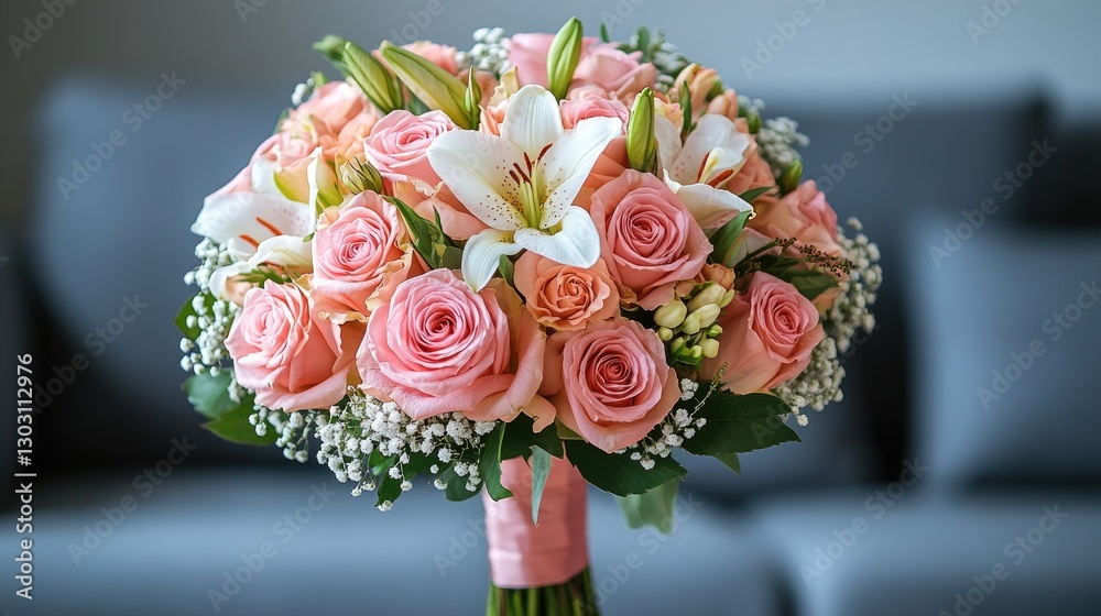 Obraz premium Beautiful wedding bouquet, soft pink and white roses, lilies, interior setting. Possible use wedding, floral design