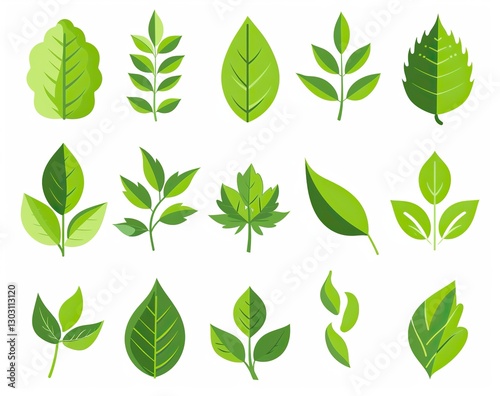 Set of Simple Vector Icons, Green Leaves in Different Shapes and Sizes on White Background, Flat Design, Minimalistic Style, High Resolution, Professional Illustration