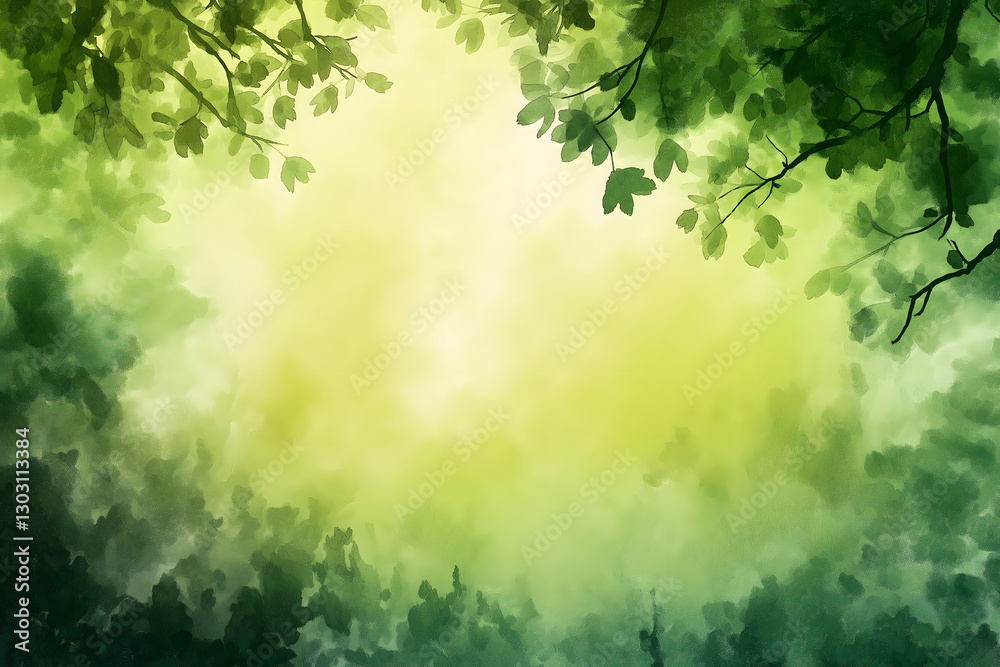 A dreamy watercolor-style background featuring lush green foliage and tree branches framing a soft, glowing light in the center A dreamy watercolor-style background featuring lush green foliage and tree branches framing a soft, glowing light in the center