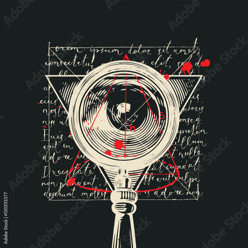 vector banner on occult and masonic theme with magnifying glass, human eye in inverted triangle on background of handwritten text Lorem Ipsum with blood stains