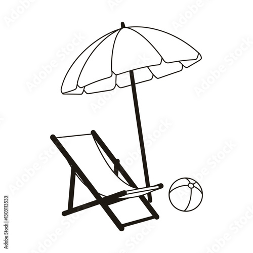 Line art Drawing Beach Relaxation beach chairs ,Ball and umbrellas vector art Design.
