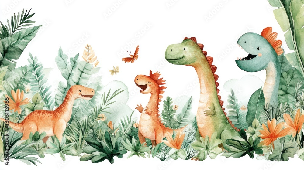 Obraz premium Cute watercolor dinosaurs in jungle.