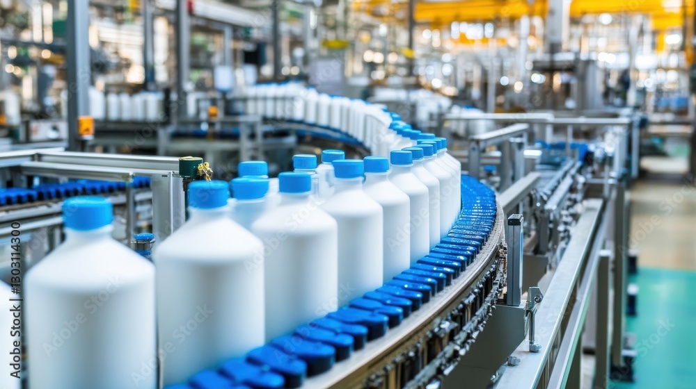 Fototapeta premium Bottles on Conveyor Belt in Modern Manufacturing Plant Interior