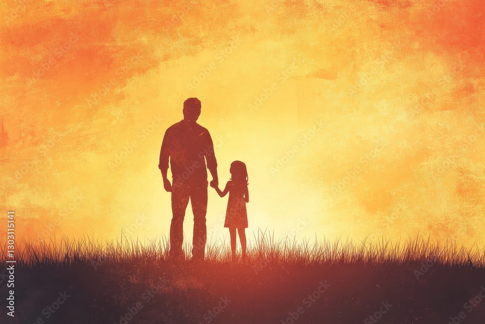 Silhouette of Father and Daughter Holding Hands Against a Vibrant Sunset Background Silhouette of Father and Daughter Holding Hands Against a Vibrant Sunset Background
