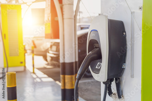 Public electric vehicle charging stations in shopping malls. Concept of reducing air pollution and using clean energy instead of combustion fuel