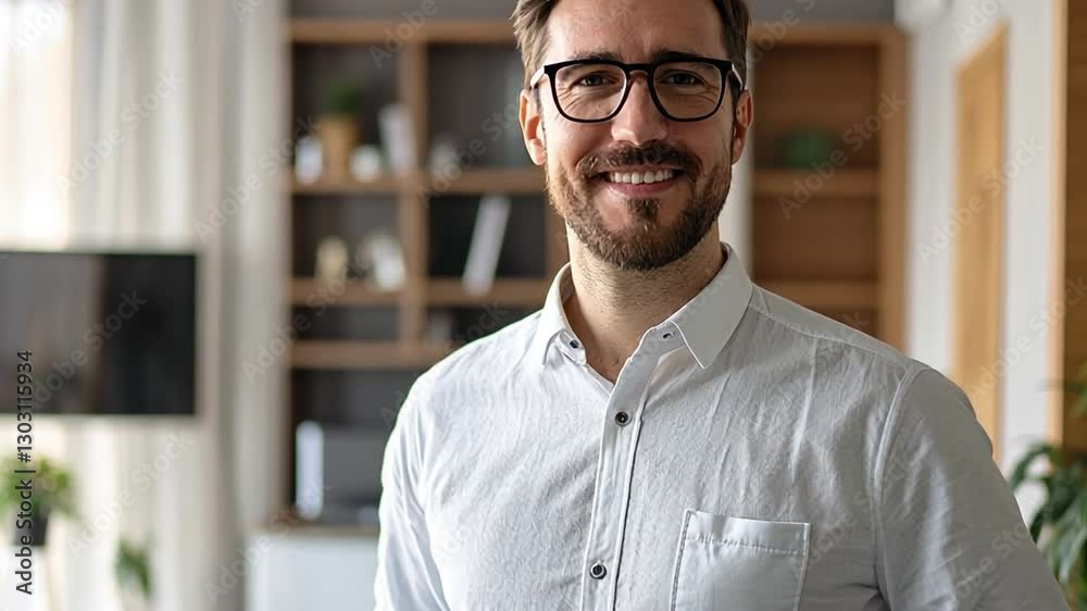 Portrait of a Confident Professional: A smiling businessman in glasses exudes warmth and confidence, his gaze direct as he stands within a modern interior setting. Portrait of a Confident Professional: A smiling businessman in glasses exudes warmth and confidence, his gaze direct as he stands within a modern interior setting.