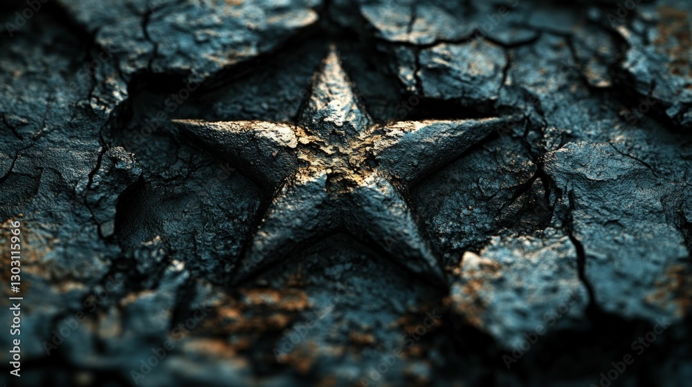 Stone star etched in cracked dark rock Stone star etched in cracked dark rock