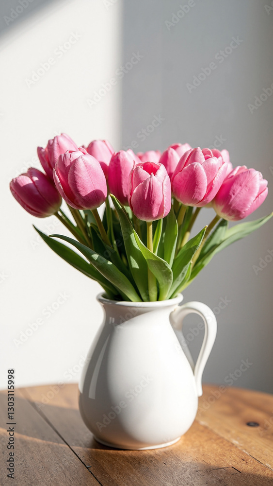 Elegant Pink Tulips in White Vase on Wooden Table | Perfect for Mother's Day Marketing, Floral Advertisements, and Spring Promotions Elegant Pink Tulips in White Vase on Wooden Table | Perfect for Mother's Day Marketing, Floral Advertisements, and Spring Promotions