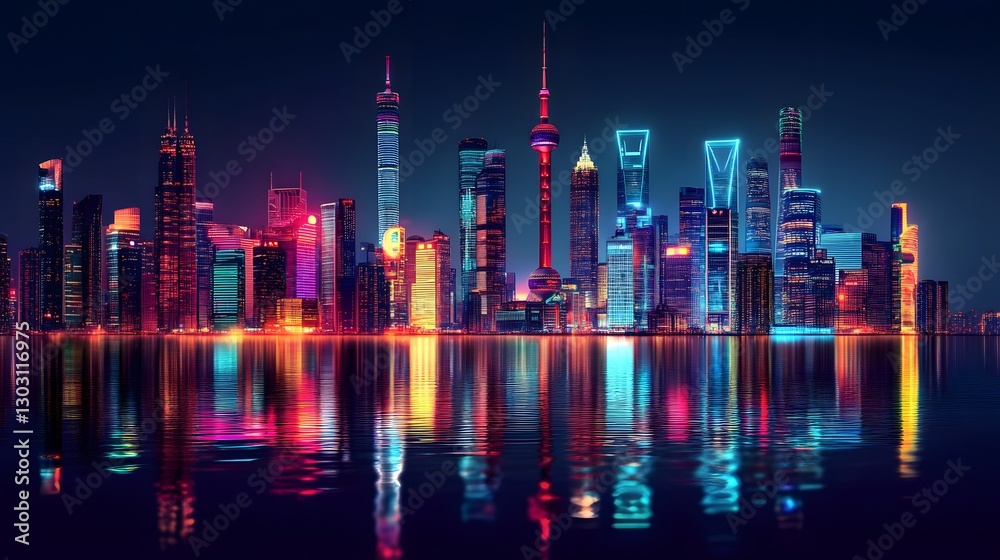 Fototapeta premium A vibrant futuristic cityscape reflecting beautifully across the dark water