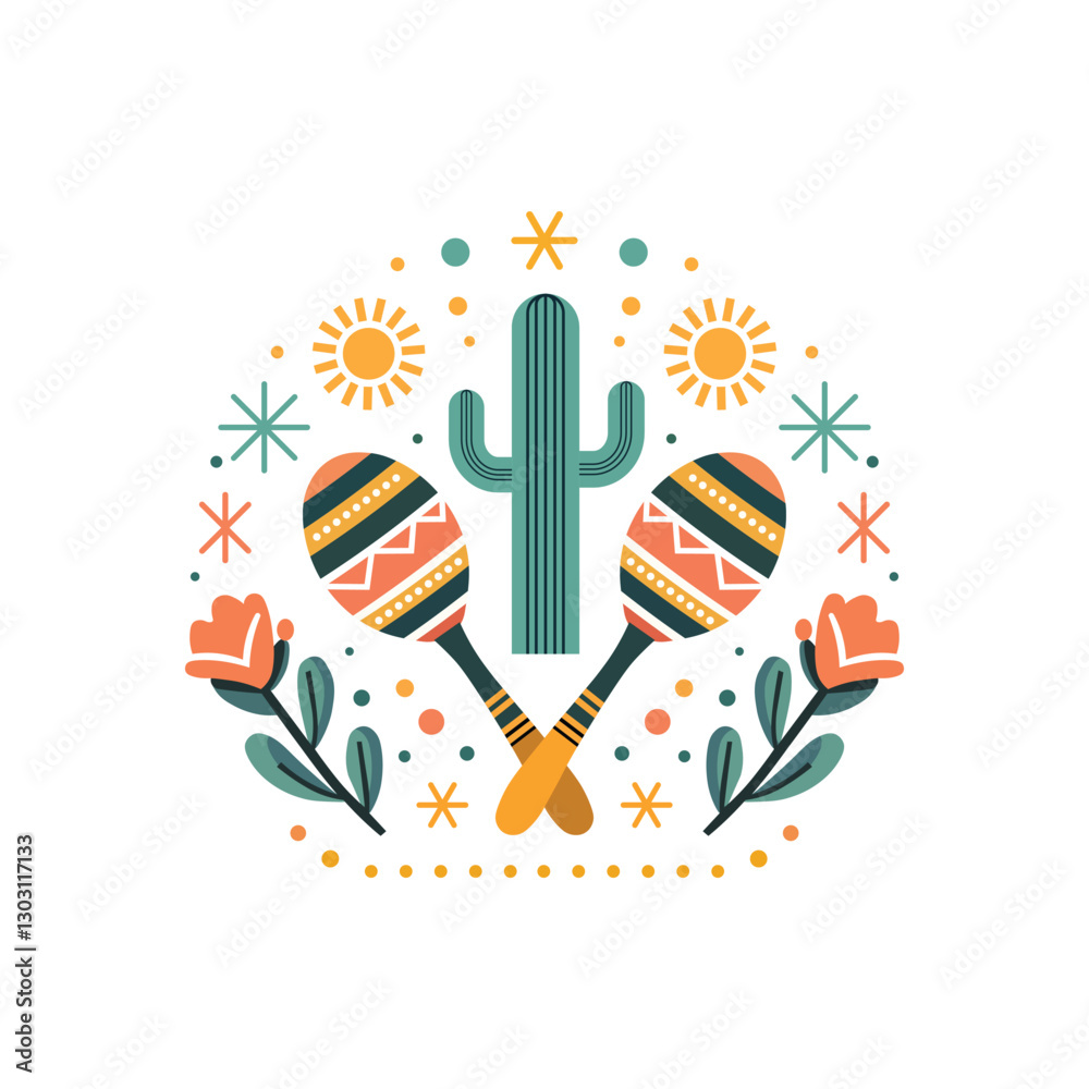 Obraz premium Cinco de Mayo Illustration Maracas Cactus Flowers Folk Style Graphic