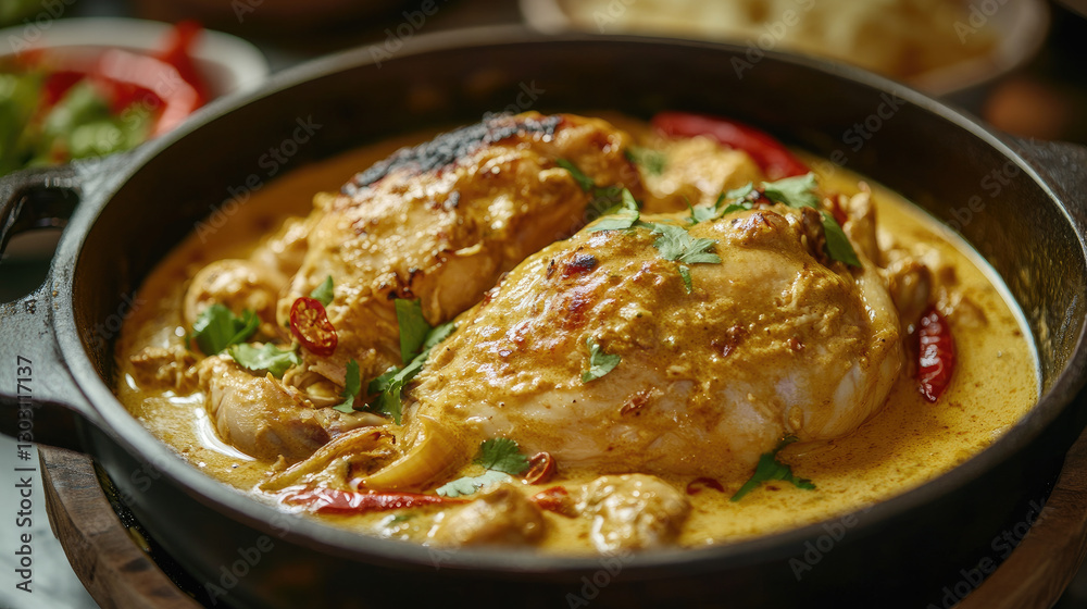Deliciously cooked chicken in creamy sauce garnished with herbs, served with sides in a cozy setting, ramadan/ramadhan food iftar Deliciously cooked chicken in creamy sauce garnished with herbs, served with sides in a cozy setting, ramadan/ramadhan food iftar