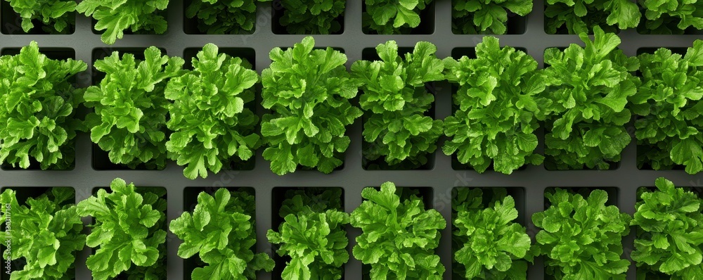 Fototapeta premium A vibrant display of fresh, green lettuce, neatly arranged in a grid, showcasing healthy growth and cultivation.