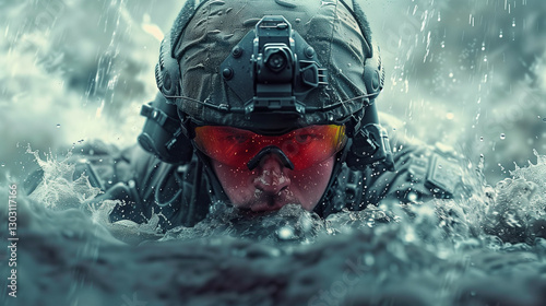 A highly detailed digital artwork of a soldier submerged in turbulent waters, donning tactical gear with red goggles in a stormy environment