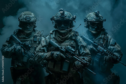 Three special forces operatives in full tactical gear amidst a smoky backdrop, poised for a mission photo