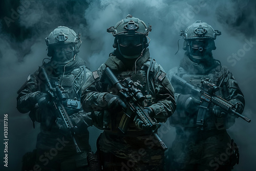 Three Special Forces Operatives in Full Tactical Gear Standing Amidst Smoke on a Covert Mission