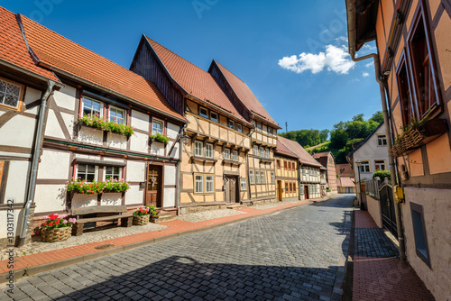 Fototapeta Naklejka Na Ścianę i Meble -  Stolberg, Germany – August 26, 2024: The town and streets of Stolberg in the Harz mountains on a sunny August day. It was established as a miners settlement around AD 1000, it's popular among tourists