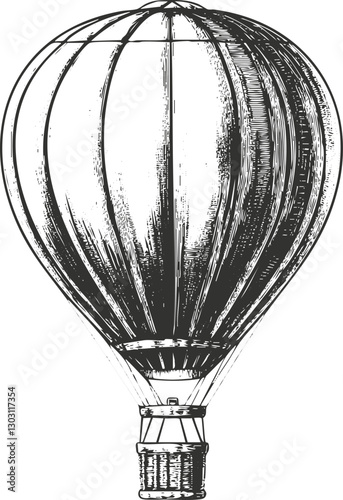 Vintage sketch of a hot air balloon in black and white illustration.