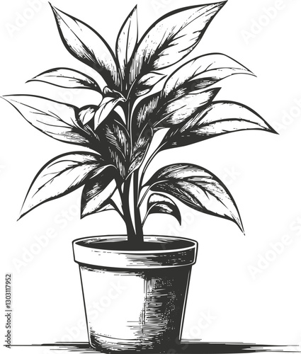 Black and white illustration of a potted plant with detailed leaves.