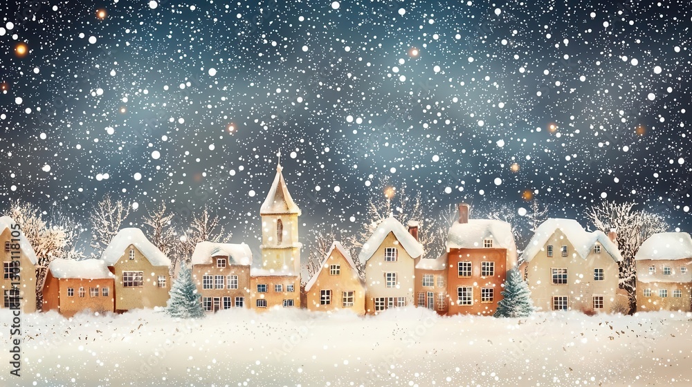 Fototapeta premium Winter Village Scene Snowy Houses Falling Snow Cozy Atmosphere