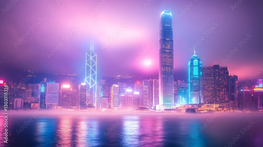 Obraz premium A futuristic cityscape glows with bright neon light at night