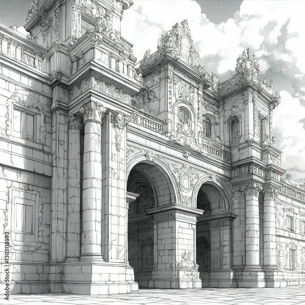 Grand palace entrance architectural sketch, ornate detail. Grand palace entrance architectural sketch, ornate detail.