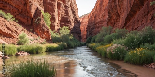 Stunning narrow canyon with a serene river flowing through its rugged walls surrounded by natures beauty photo