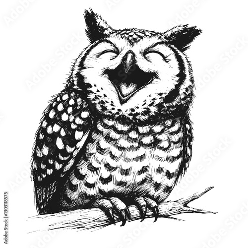 Owl laugh line art drawing ink sketch vector hand drawn illustration background the sound of joy exploring animal laughter