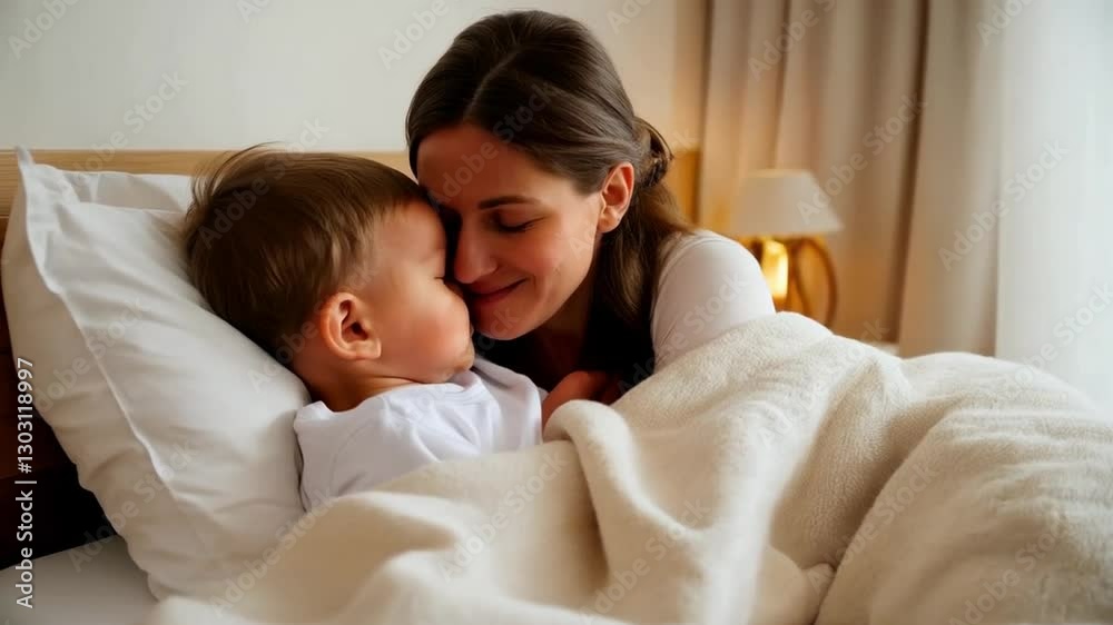 Mother Gently Cuddling Baby Boy in Bed Feeling Love and Care