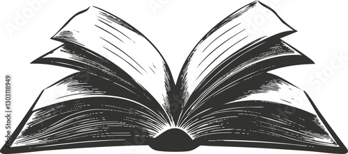 Black and white sketch illustration of an open book with visible pages.