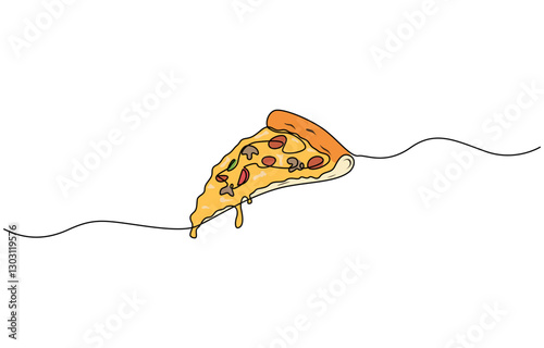 One line Drawing or illustration of slice of pizza with pepperoni and mushrooms, Continuous Line Illustration, Pizza continuous one line drawing vector illustration, Continuous single one.