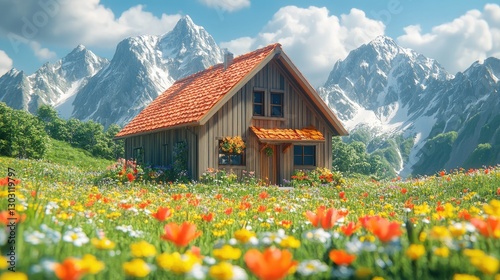 Alpine chalet nestled in colorful meadow, sunny mountains. Possible stock photo use