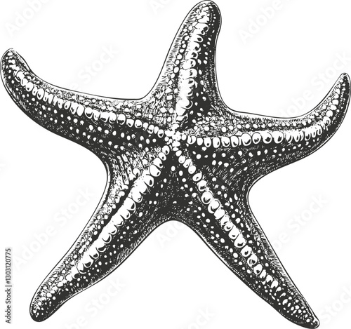 Detailed black and white illustration of a starfish with textured skin.