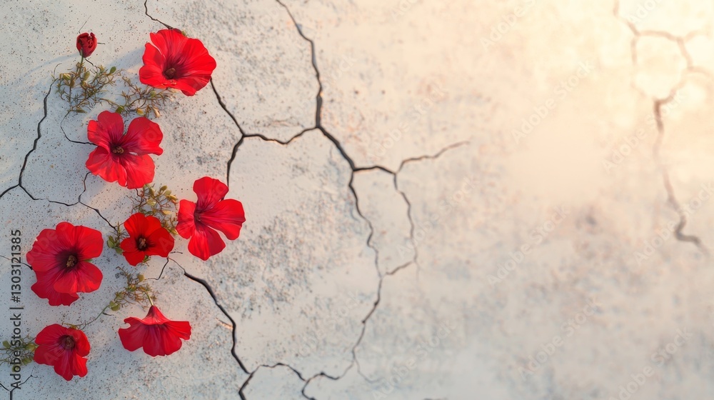 Fototapeta premium Red poppies blooming in cracked earth nature photography desert landscape close-up view resilience concept
