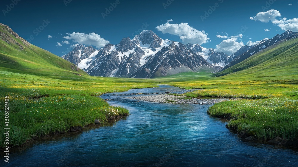 Scenic alpine meadow with crystal-clear stream, snow-capped mountains, and wildflowers under a vibrant sky. Use Nature background, travel brochure, greeting card Scenic alpine meadow with crystal-clear stream, snow-capped mountains, and wildflowers under a vibrant sky. Use Nature background, travel brochure, greeting card