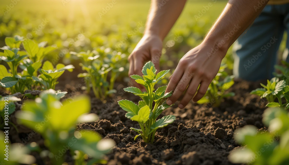 Hands Gently Tending Young Plants in a Garden Row Hands Gently Tending Young Plants in a Garden Row