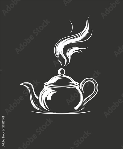 Elegant black and white illustration of a steaming teapot.