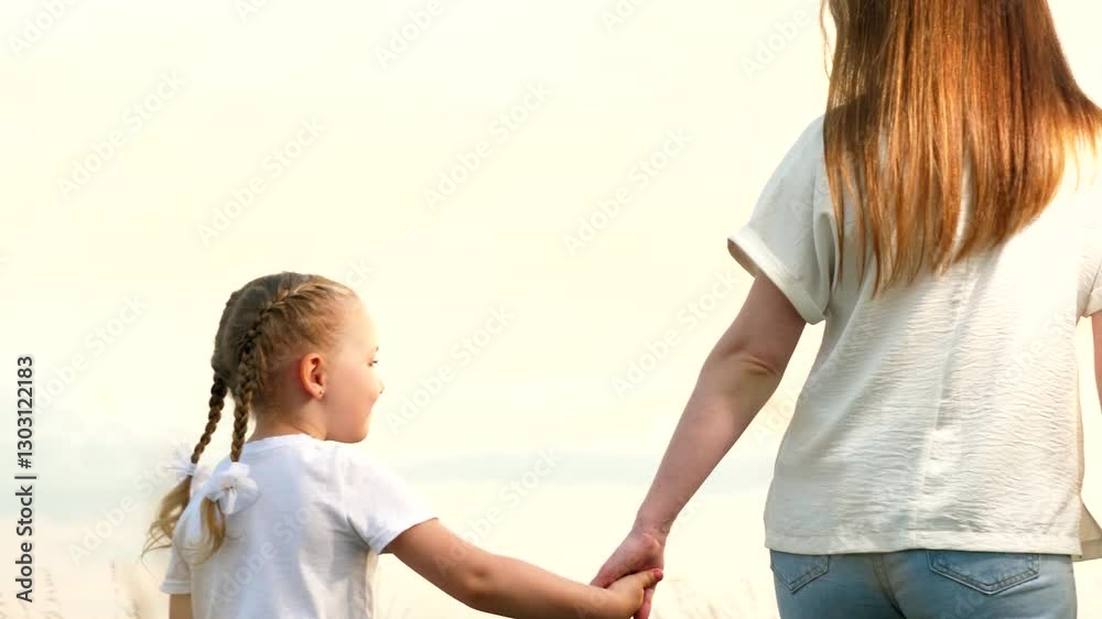 Mother and little daughter walk joining hands across field at sunset light backside view. Happy daughter holds mother hand walking together on country meadow. Mother and daughter enjoy family time Mother and little daughter walk joining hands across field at sunset light backside view. Happy daughter holds mother hand walking together on country meadow. Mother and daughter enjoy family time