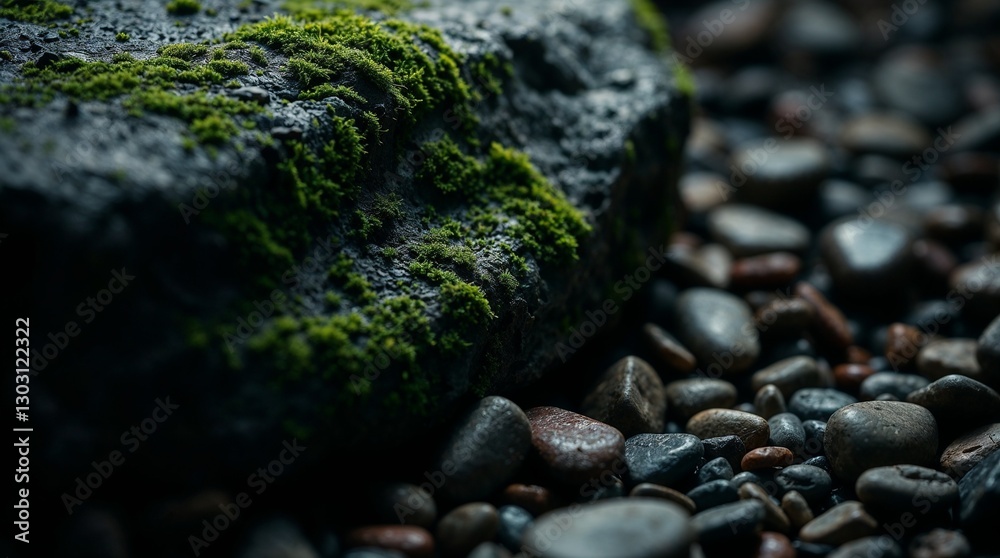 Fototapeta premium Macro image of moss-covered rock surrounded by small pebbles in natural setting