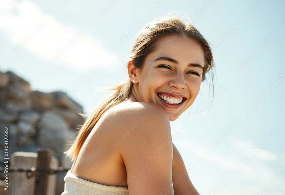 Laughing young woman in sunlight, sitting on rocky outcropping Laughing young woman in sunlight, sitting on rocky outcropping