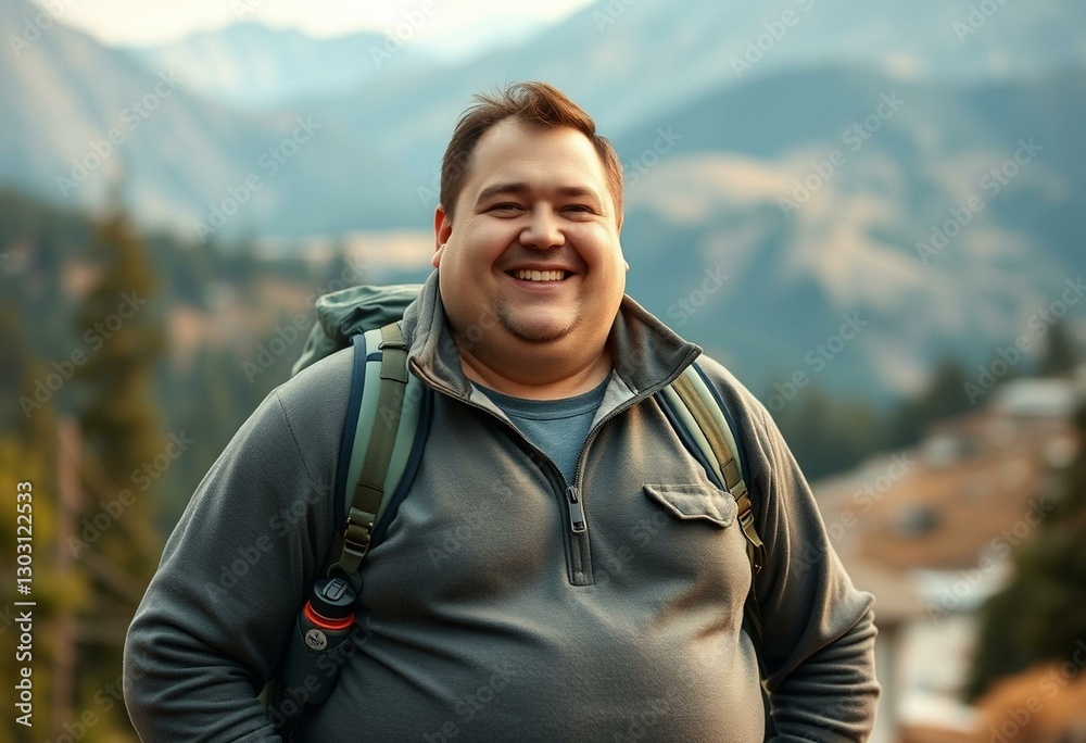 Joyful overweight explorer in natural environment Joyful overweight explorer in natural environment