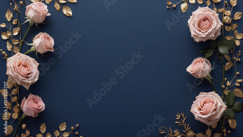 Stylish navy blue background with golden leaves and soft pink roses in a vertical layout. Perfect for wedding invitations, elegant branding, and luxury design projects.


