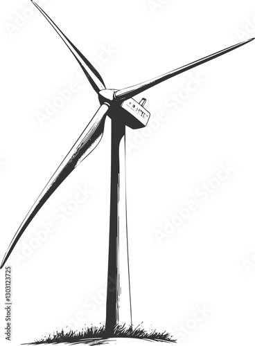 Black and white illustration of a wind turbine for renewable energy.