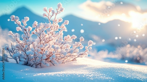 Snowy winter plant landscape at sunrise photo