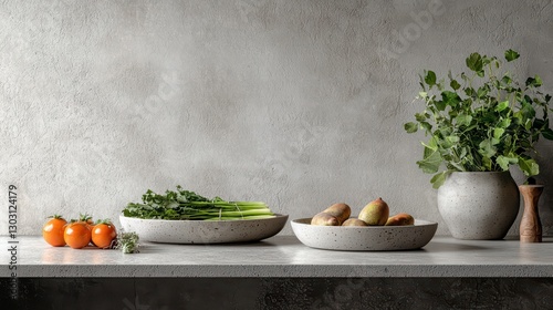 Fototapeta Naklejka Na Ścianę i Meble -  Fresh ingredients in a minimalistic kitchen:A serene display of fresh vegetables and herbs arranged on a countertop in a natural light, evoking feelings of simplicity and a healthy lifestyle.