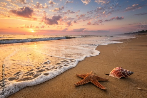 A serene beach scene at sunrise adorned with a starfish and seashell on sandy shore accompanied by calm waves and anticipation of an idyllic summer vacation 