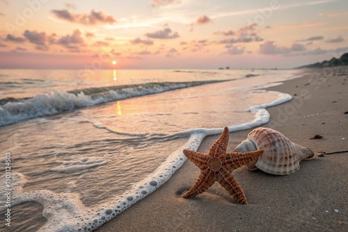 A serene beach scene at sunrise adorned with a starfish and seashell on sandy shore accompanied by calm waves and anticipation of an idyllic summer vacation 